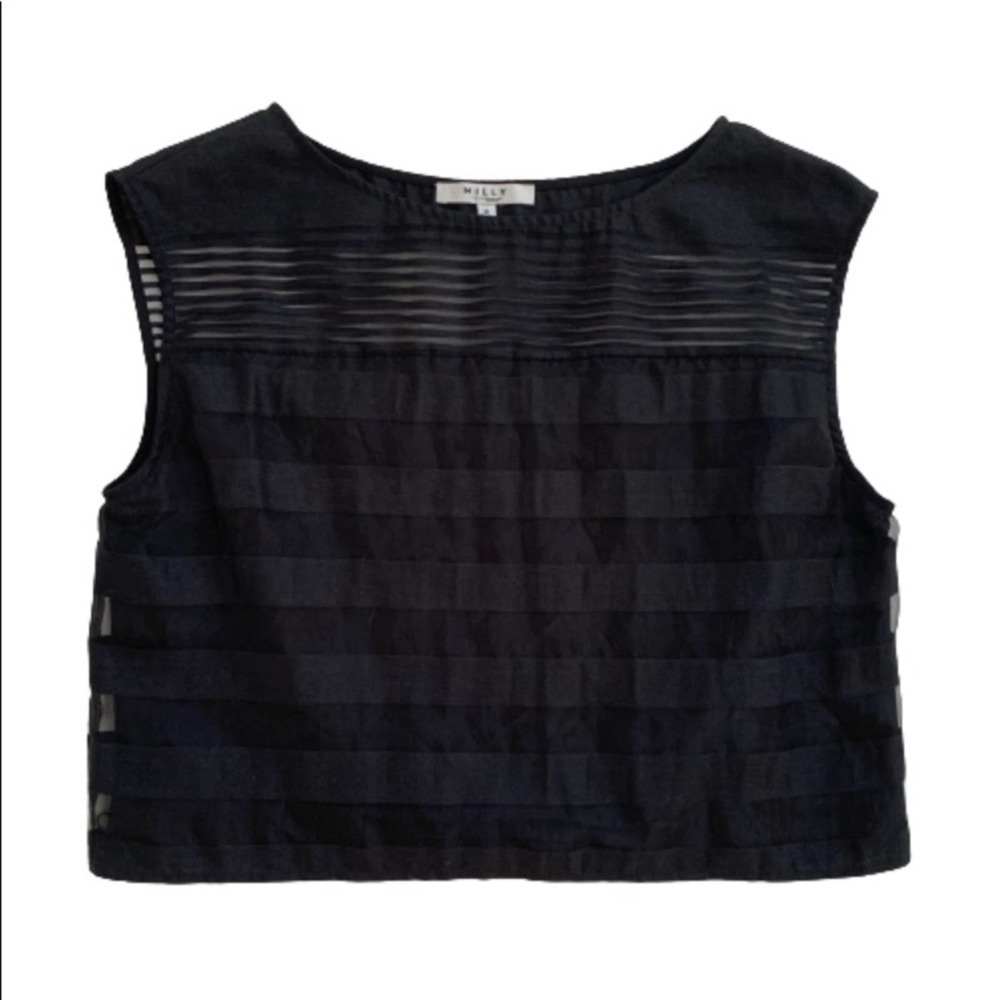Milly Top Blouse Illusion Yoke Sleeveless Sheer Striped Floy Crop Top Medium